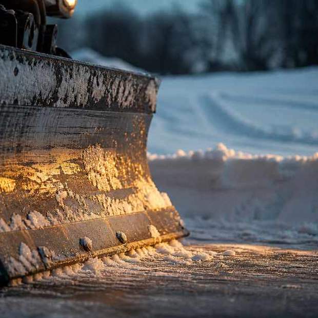 A steel plow blade rolling a curl of snow off a cleared surface in low winter light.