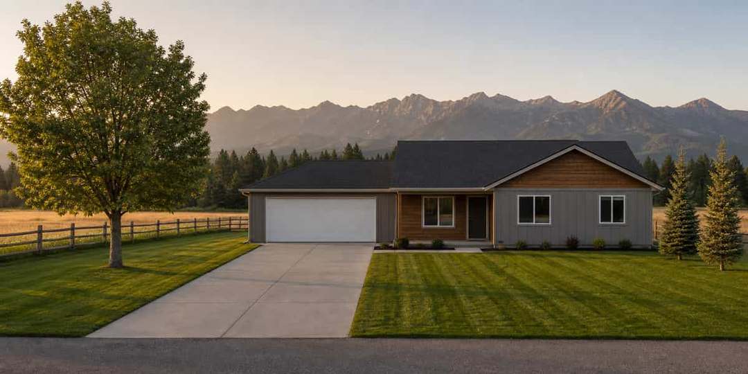 A Kalispell ranch house in late summer with a striped green lawn and a clear concrete
             driveway, the Flathead range behind it.