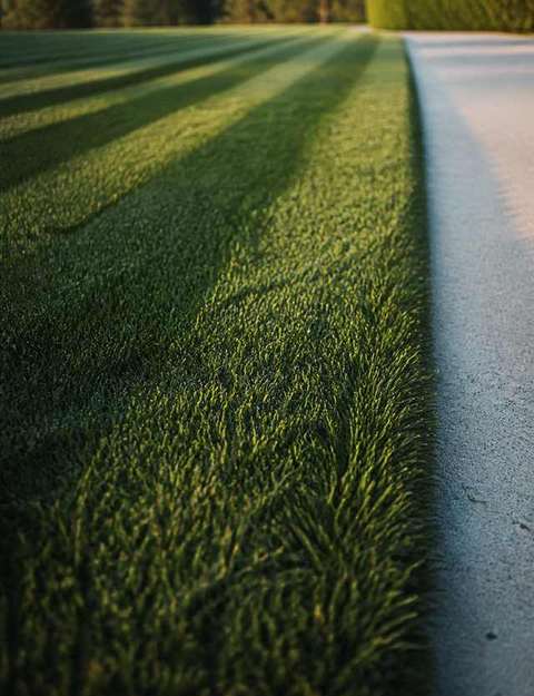 Mown grass meeting a clean concrete edge, stripes and a crisp cut line in low sun.