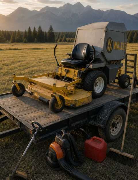 Kyler’s Walker out-front riding mower loaded on a wooden trailer at the edge of a
             Flathead hayfield in evening light.