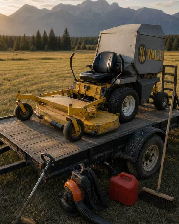 Kyler’s Walker out-front riding mower loaded on a wooden utility trailer at the edge of a
           Flathead hayfield in evening light, with a trimmer, blower and fuel can alongside.