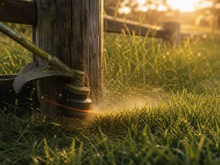 A string trimmer cutting a level line along a wooden fence post, clippings flying.