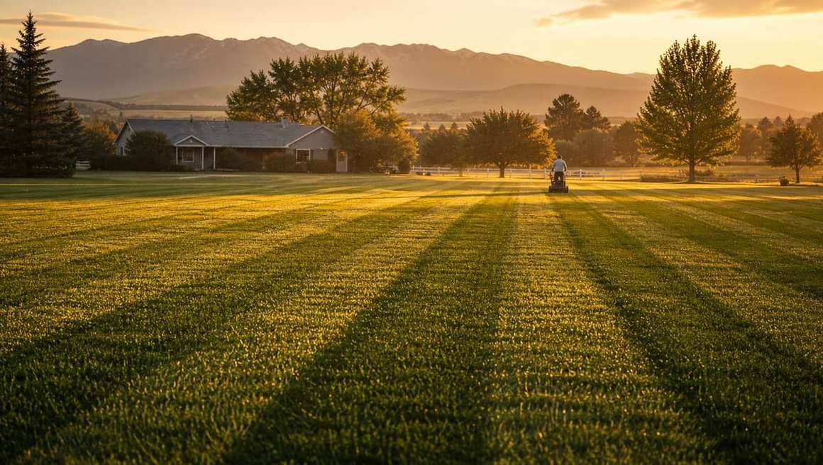 A freshly striped lawn sweeping toward the Flathead ridgeline at golden hour in Kalispell, Montana.