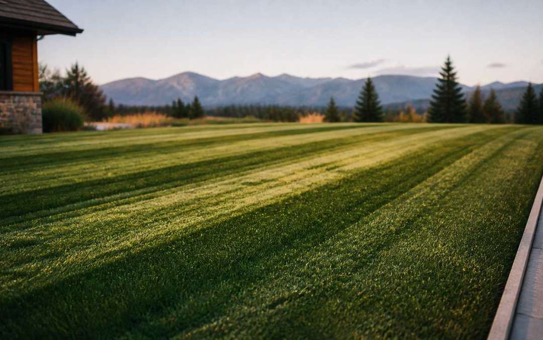 A freshly mowed Flathead Valley lawn at golden hour, wide mowing stripes raking away toward
           the mountains.