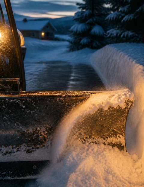 A plow blade pushing a curl of snow down a driveway at first light.