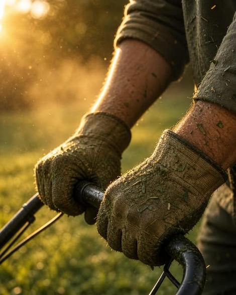 Work-gloved hands on the control bar of a walk-behind mower, fresh clippings stuck to the
             glove.