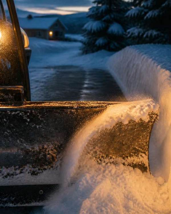 A plow blade pushing a curl of snow down a driveway at first light, headlights catching the spray in cold blue dawn.