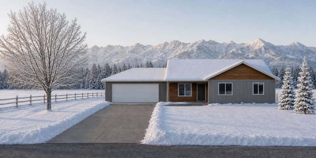 The same Kalispell ranch house in deep winter, everything under snow, the driveway and walk
             plowed clean to bare concrete with neat banks either side.
