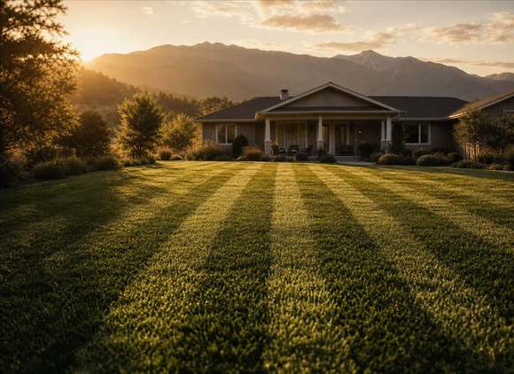 A residential front lawn cut in bold alternating light and dark mower stripes running toward
the house.