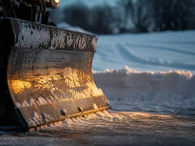 A steel plow blade rolling a curl of snow off a cleared surface.