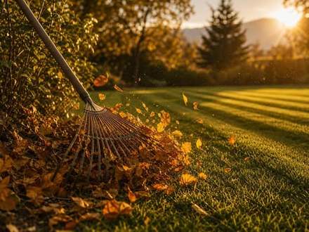 A wide rake pulling golden autumn leaves off a green lawn beside a shrub bed.